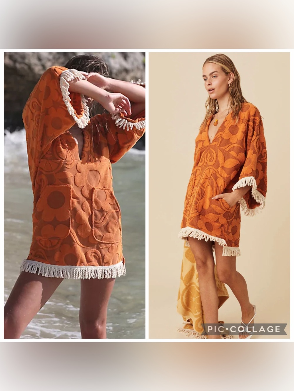 NWT new XS free people spell Pomelia throw over Terry fringe dress orange fruit